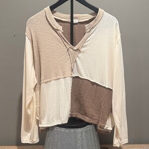 POL Cream and Brown Patchwork Long Sleeve Top